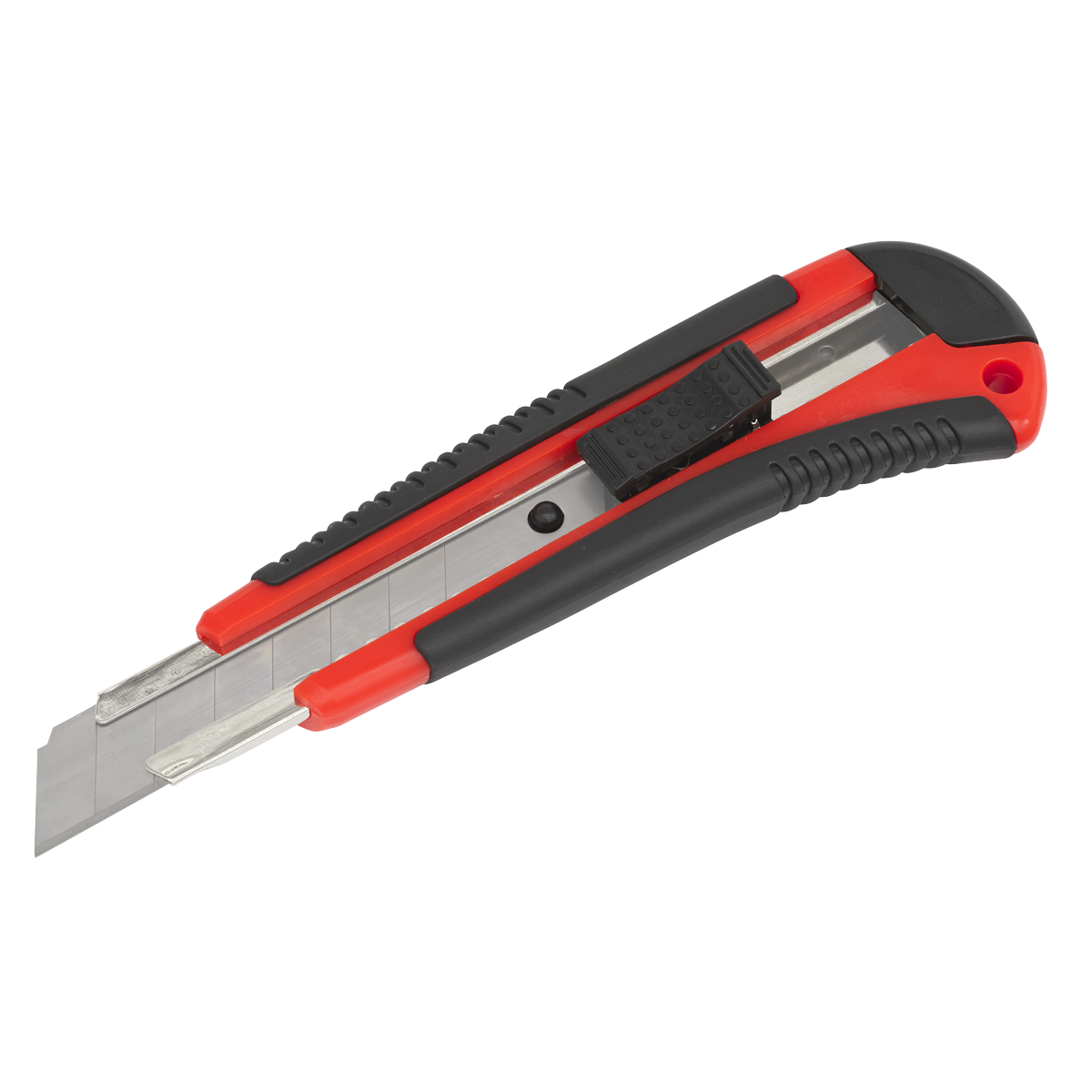 A Sealey Retractable Snap-Off Knife Heavy-Duty - AK86R, featuring a red and black composite handle and retractable blade, is shown against a white background.