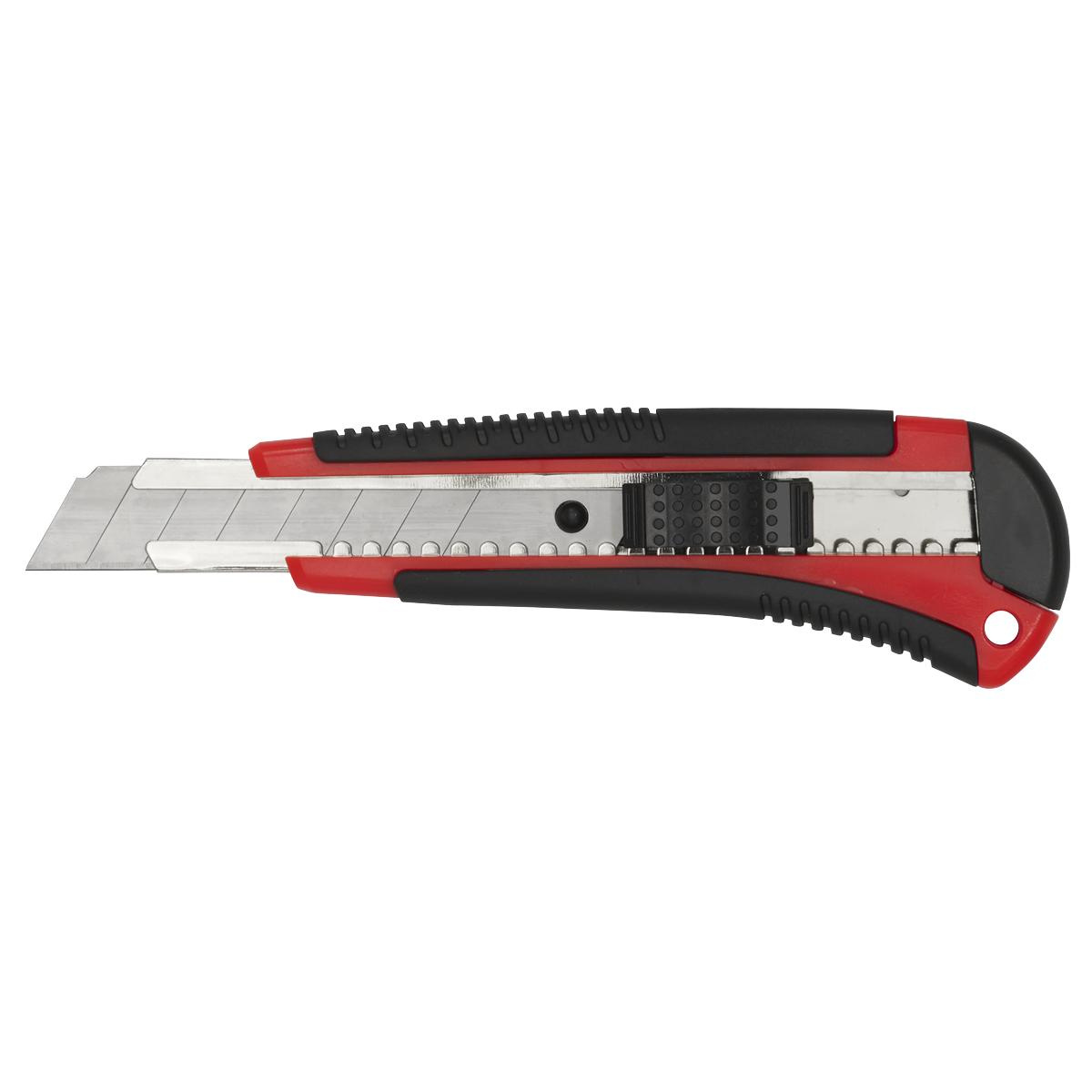 A Sealey Retractable Snap-Off Knife Heavy-Duty - AK86R featuring a red and black composite handle and an extendable segmented blade with a convenient blade snapper.