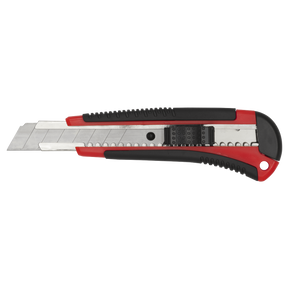 A Sealey Retractable Snap-Off Knife Heavy-Duty - AK86R featuring a red and black composite handle and an extendable segmented blade with a convenient blade snapper.