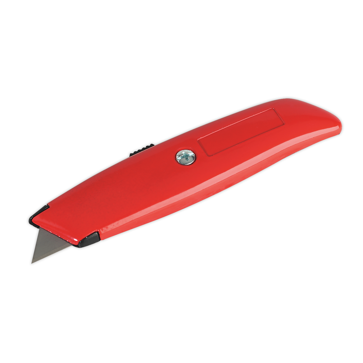 A Sealey Utility Knife Retractable - AK86, featuring a red design and a safety blade that retracts, is shown against a plain background.