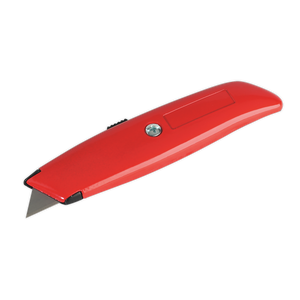 A Sealey Utility Knife Retractable - AK86, featuring a red design and a safety blade that retracts, is shown against a plain background.