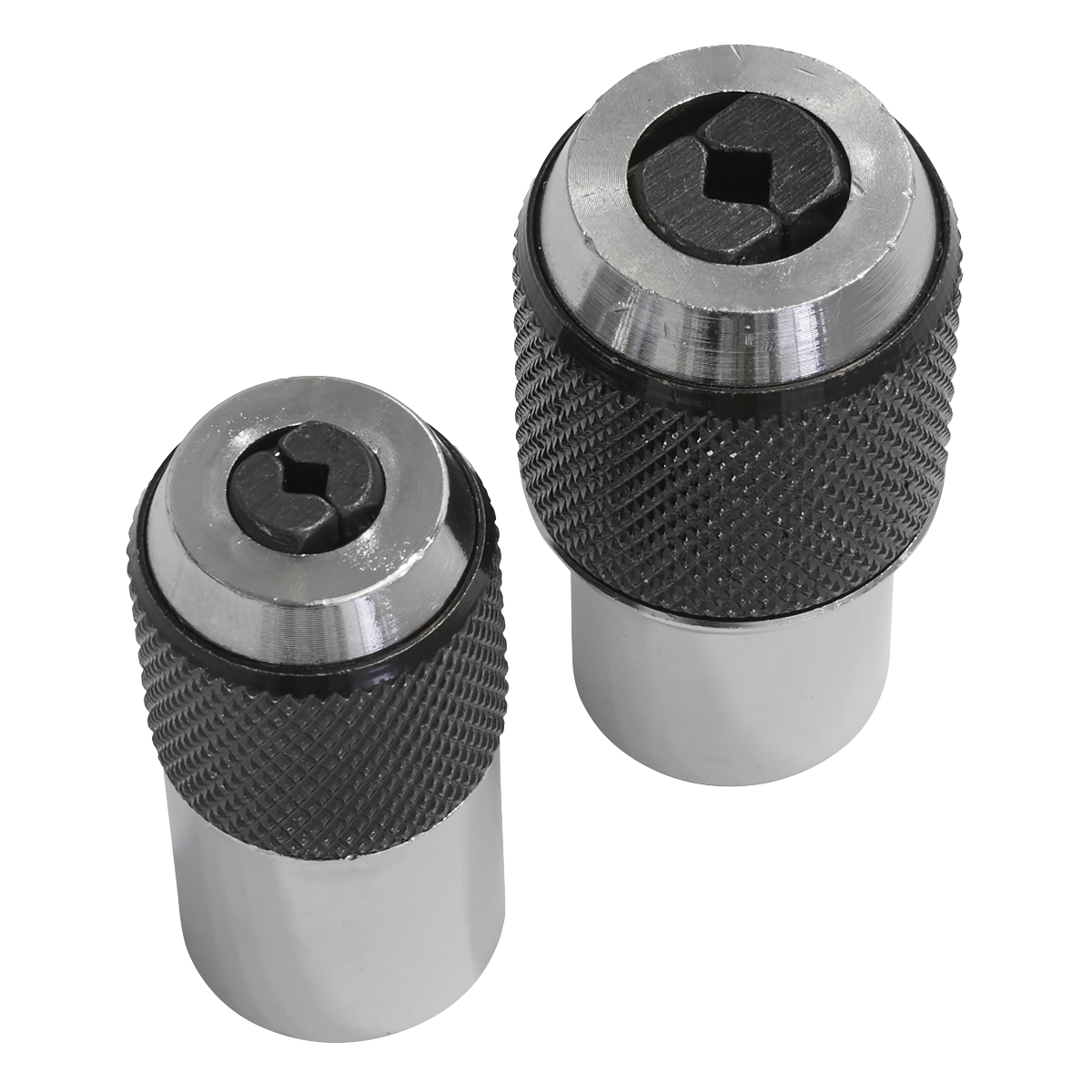 Two stainless steel hex socket adapters with knurled grips, one larger than the other, stand upright on a white background. These durable tools from the Sealey Adjustable Tap Socket Set 2pc - AK872 are perfect for accurate tapping in tight spaces and completing any toolkit.