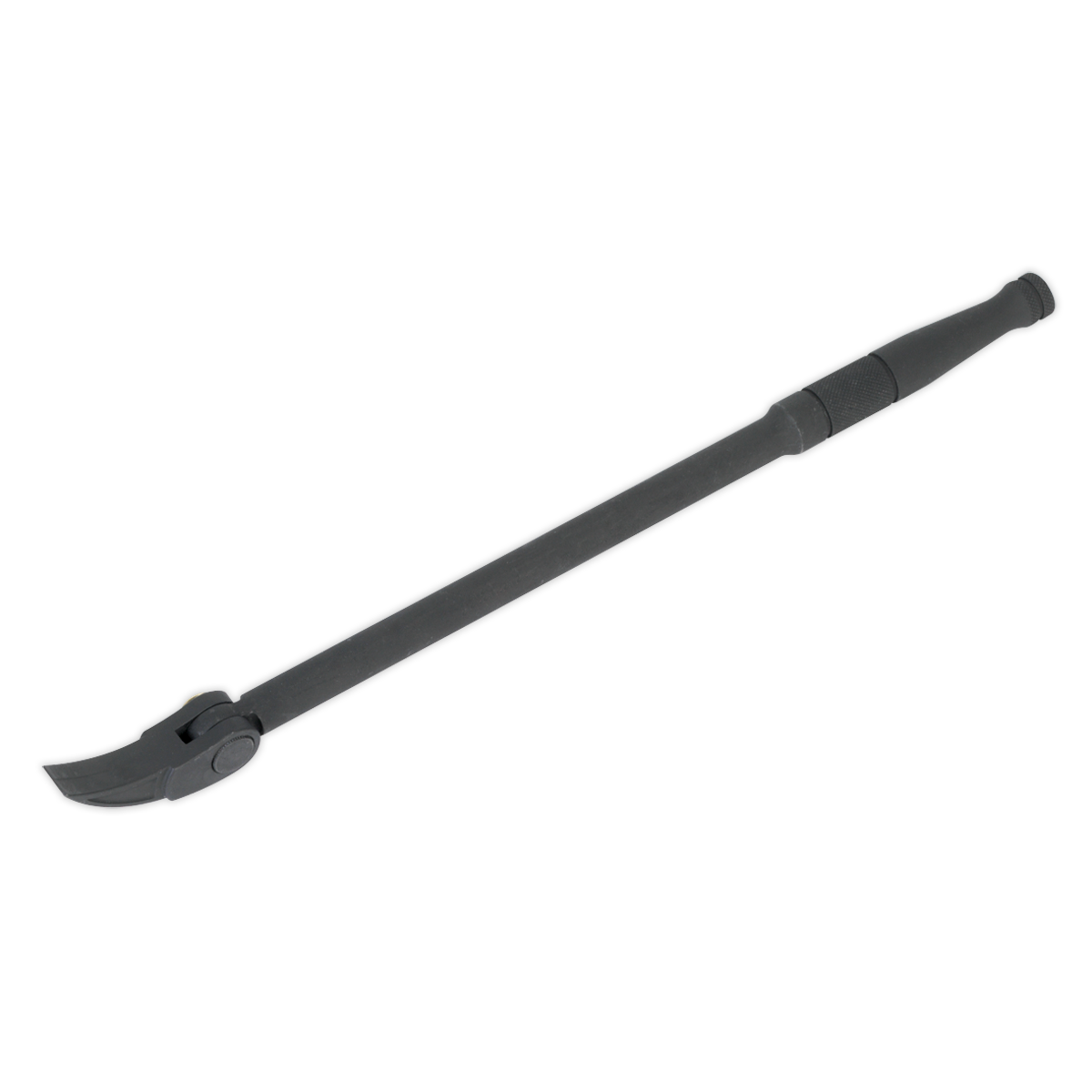 The Sealey Adjustable Head Pry Bar 380mm - AK8802, featuring a black finish with a 180º adjustable head and an ergonomic handle, is displayed on a white background. This premium hand tool offers unmatched reliability and performance, backed by a lifetime guarantee.