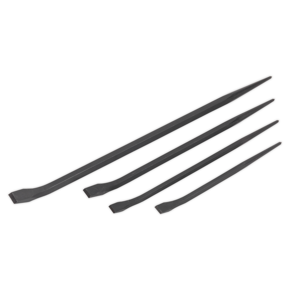 Four Sealey Pry Bar Set 4pc (AK881) pieces, crafted from Chrome Vanadium steel and varying in lengths of 300mm, 400mm, 450mm, and 600mm, are aligned parallel to each other.