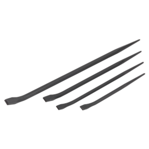 Four Sealey Pry Bar Set 4pc (AK881) pieces, crafted from Chrome Vanadium steel and varying in lengths of 300mm, 400mm, 450mm, and 600mm, are aligned parallel to each other.