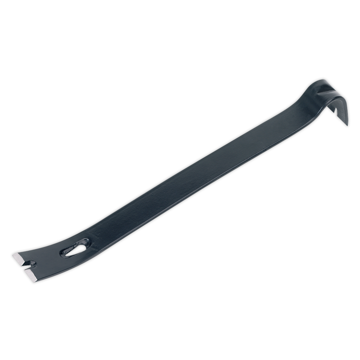 The Sealey Double End Flat Pry Bar 450mm - AK884 is a must-have hand tool, crafted from durable carbon steel and featuring a black finish. It includes a flat, angled end on one side and a hooked claw on the other for optimal leverage.