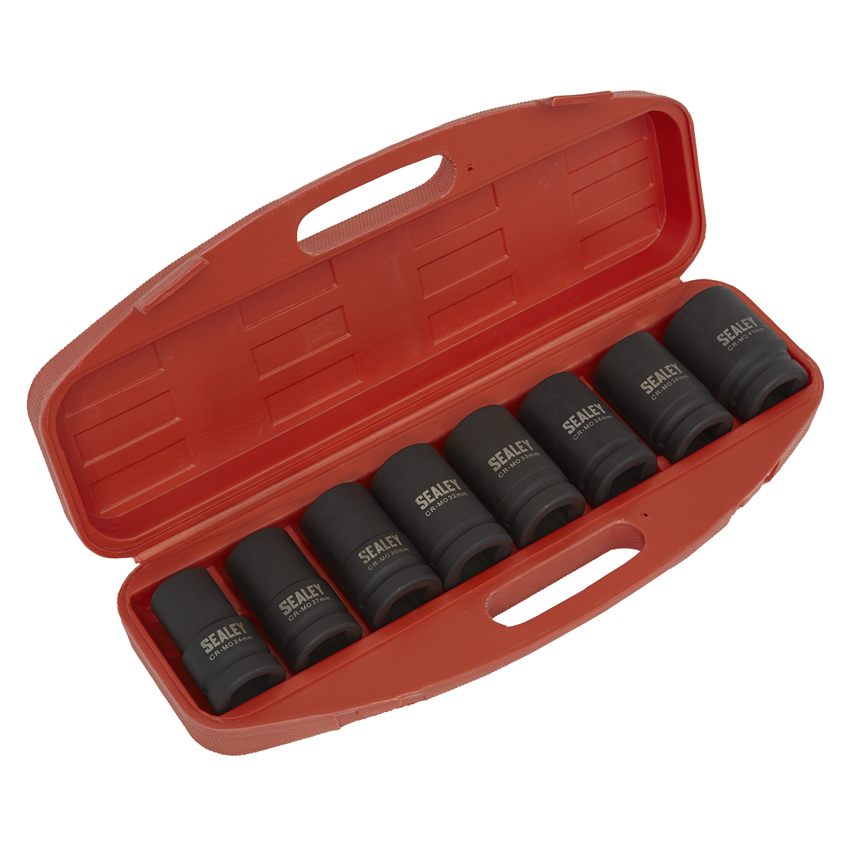 A red plastic case containing eight Sealey Impact Socket Set 8pc Deep 1"Sq Drive - Metric (AK888M) socket wrenches of varying sizes, each featuring durable Deep WallDrive® sockets.