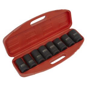 A red plastic case containing eight Sealey Impact Socket Set 8pc Deep 1"Sq Drive - Metric (AK888M) socket wrenches of varying sizes, each featuring durable Deep WallDrive® sockets.