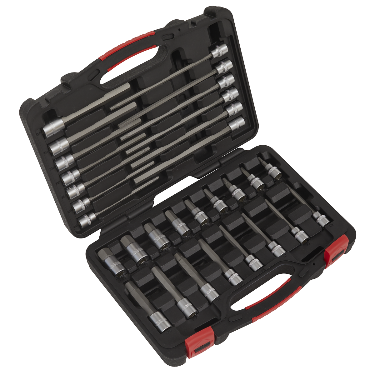 The Sealey Hex Socket Bit Set 30pc 3/8"Sq Drive - Platinum Series - AK89000 comes in a black plastic case that includes silver metallic drill bits arranged in two rows, secured by red locking clips on the sides. This Premier Hand Tools collection features chrome vanadium steel sockets and offers a lifetime guarantee for reliable performance.