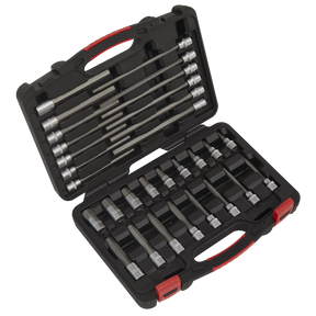 The Sealey Hex Socket Bit Set 30pc 3/8"Sq Drive - Platinum Series - AK89000 comes in a black plastic case that includes silver metallic drill bits arranged in two rows, secured by red locking clips on the sides. This Premier Hand Tools collection features chrome vanadium steel sockets and offers a lifetime guarantee for reliable performance.