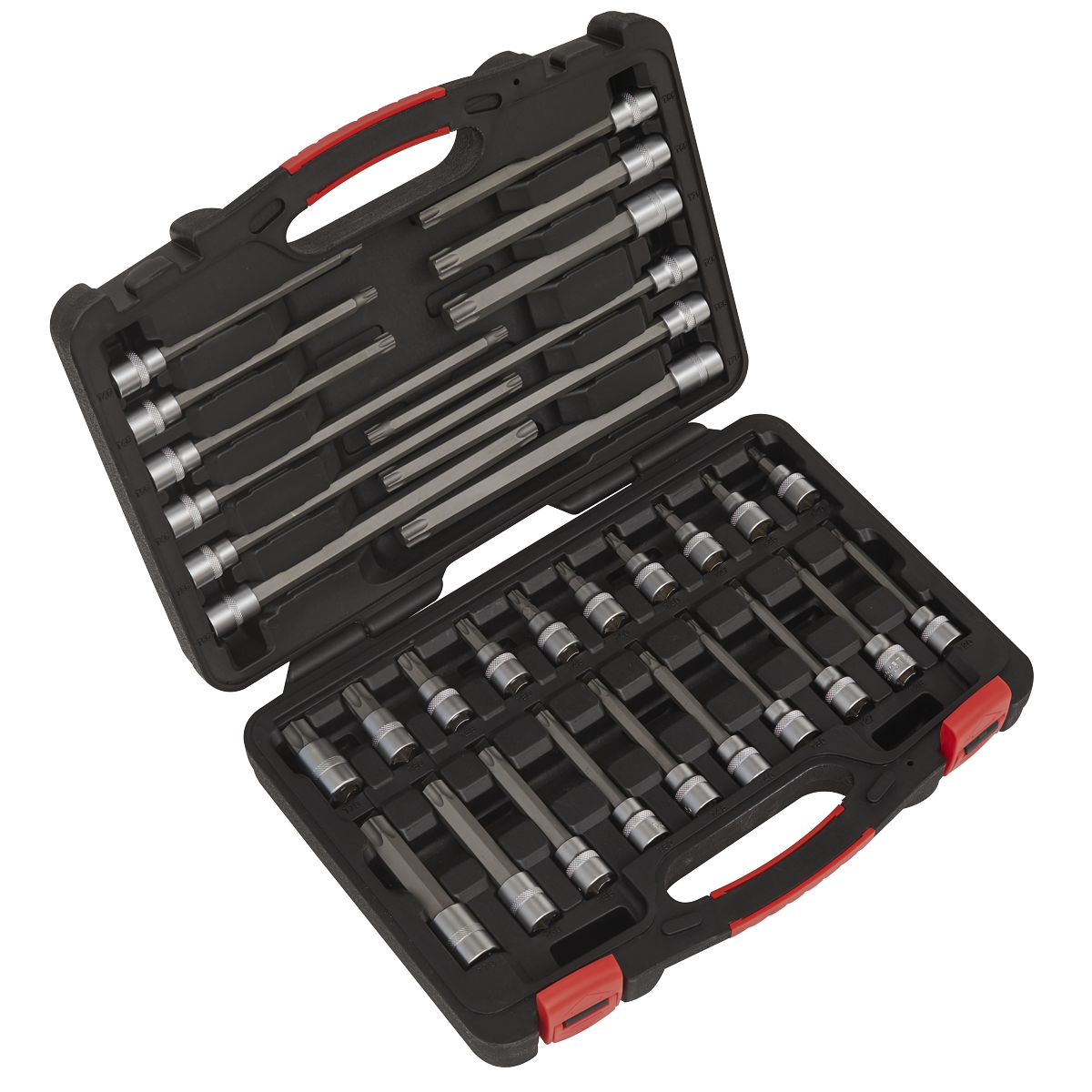 A Sealey TRX-Star* Socket Bit Set 32pc 3/8"Sq Drive - Platinum Series (model AK89001), featuring various high-quality Premier Hand Tools, including metal chisels and bits, all neatly arranged in slots within a stylish black and red plastic carrying case. The set also includes durable Chrome Vanadium steel sockets for reliable performance.