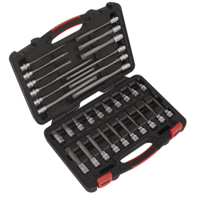 A Sealey TRX-Star* Socket Bit Set 32pc 3/8"Sq Drive - Platinum Series (model AK89001), featuring various high-quality Premier Hand Tools, including metal chisels and bits, all neatly arranged in slots within a stylish black and red plastic carrying case. The set also includes durable Chrome Vanadium steel sockets for reliable performance.
