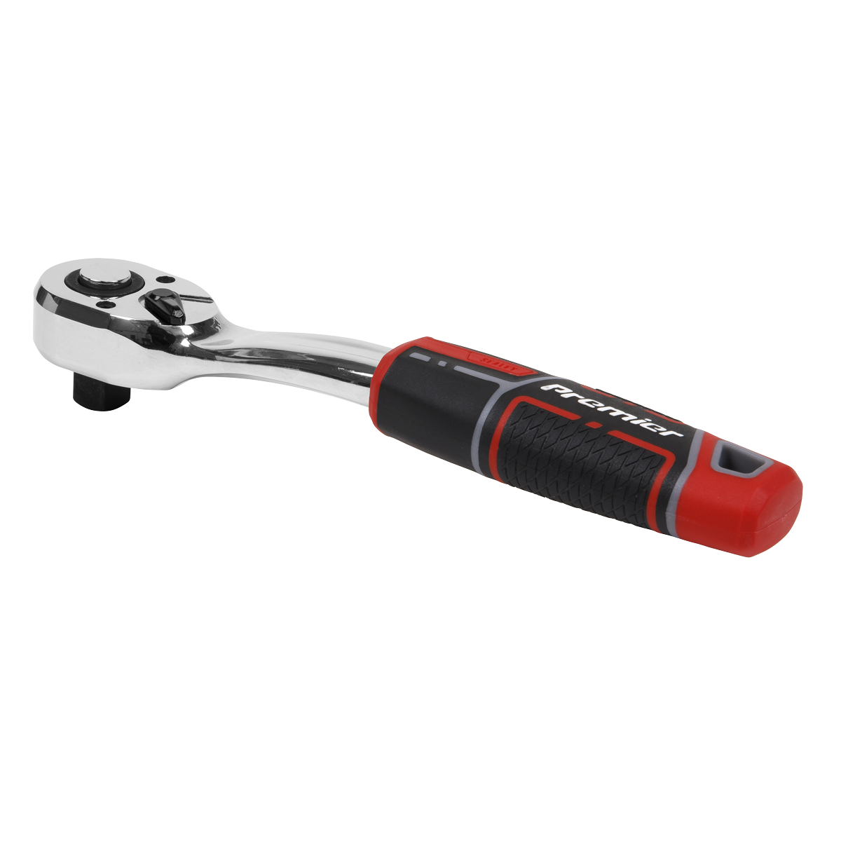 The Ratchet Wrench 1/2"Sq Drive Offset Pear-Head with Flip Reverse - AK8939 by Sealey, featuring a chrome finish and a red and black rubberized handle, offers a precise 72-tooth ratchet action.