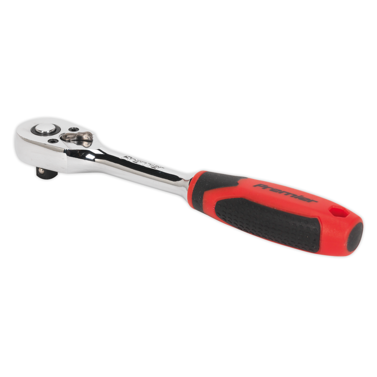 A chrome and black Ratchet Wrench 1/4" Sq Drive Pear-Head Flip Reverse (AK8946) with a red and black rubber handle, from Sealey, comes with a lifetime guarantee.