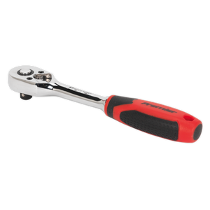 A chrome and black Ratchet Wrench 1/4" Sq Drive Pear-Head Flip Reverse (AK8946) with a red and black rubber handle, from Sealey, comes with a lifetime guarantee.