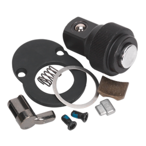 A disassembled Sealey Repair Kit for AK8971 & AK8974 3/8" Square Drive (AK8971.RK) showcasing various components, including a ratchet head, spring, screws, washers, and a pawl.