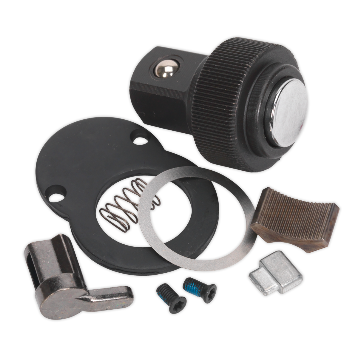 A set of mechanical components, including a black knob, metal spring, round gasket, and various small screws and parts arranged on a white background—ideal for use with the Sealey Repair Kit for AK8972 & AK8975 1/2" Sq Drive (AK8972.RK).