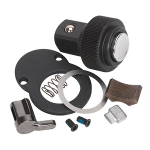 A set of mechanical components, including a black knob, metal spring, round gasket, and various small screws and parts arranged on a white background—ideal for use with the Sealey Repair Kit for AK8972 & AK8975 1/2" Sq Drive (AK8972.RK).