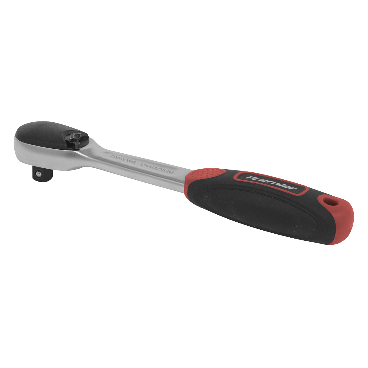 A Sealey Ratchet Wrench 1/4" Sq Drive Dust-Free Flip Reverse - Platinum Series - AK8976, featuring a black and red handle, a 72-tooth gear-to-gear mechanism, a square drive head, and a silver metallic body.