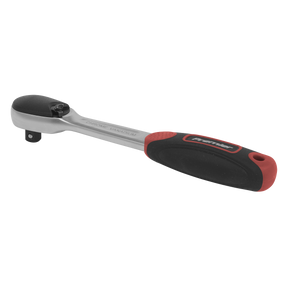 A Sealey Ratchet Wrench 1/4" Sq Drive Dust-Free Flip Reverse - Platinum Series - AK8976, featuring a black and red handle, a 72-tooth gear-to-gear mechanism, a square drive head, and a silver metallic body.