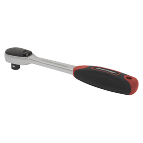 A Sealey Ratchet Wrench 3/8"Sq Drive Dust-Free Flip Reverse from the Platinum Series (Model AK8977), crafted from durable chrome vanadium steel and featuring a black and red handle labeled "Premier" on the grip, is displayed against a white background.