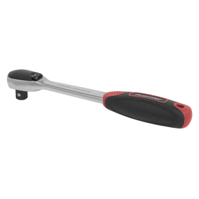The Sealey Ratchet Wrench 1/2" Sq Drive Dust-Free Flip Reverse - Platinum Series - AK8978 is displayed on a white background. This Chrome Vanadium steel ratchet wrench, designed for socket attachment, boasts a black and red textured soft grip handle and features a 72-tooth gear-to-gear mechanism for precise adjustments.