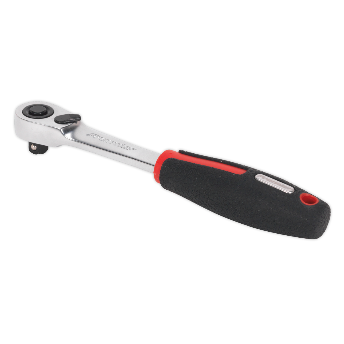 A Sealey Ratchet Wrench 1/4"Sq Drive Compact Head 72-Tooth Flip Reverse Platinum Series - AK8980, made of durable Chrome Vanadium steel and featuring a black and red textured soft grip handle for comfortable tightening or loosening of nuts and bolts.