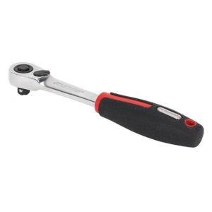 A Sealey Ratchet Wrench 1/4"Sq Drive Compact Head 72-Tooth Flip Reverse Platinum Series - AK8980, made of durable Chrome Vanadium steel and featuring a black and red textured soft grip handle for comfortable tightening or loosening of nuts and bolts.