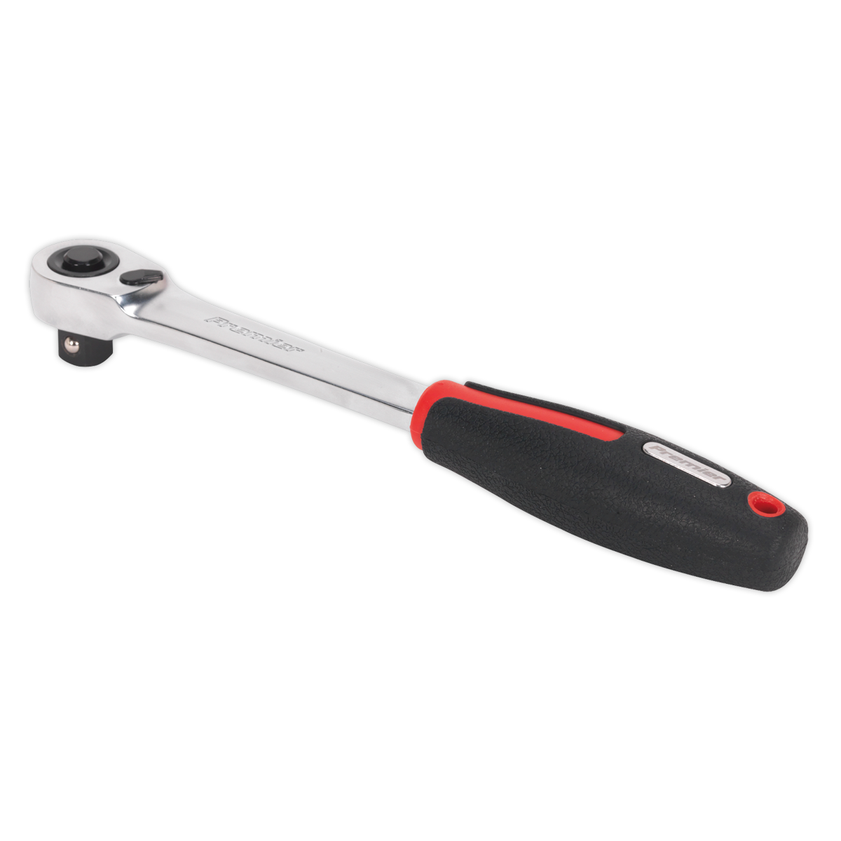 A Sealey Ratchet Wrench 1/2"Sq Drive Compact Head 72-Tooth Flip Reverse Platinum Series - AK8982, featuring a black and red rubber handle and crafted from durable Chrome Vanadium steel, is shown against a white background.