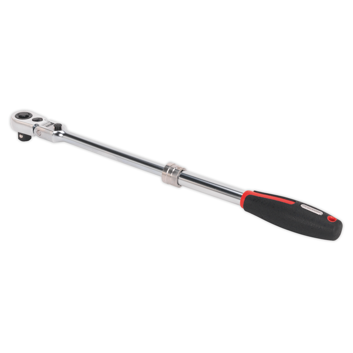 The Sealey Ratchet Wrench 1/2"Sq Drive Flexi-Head Extendable Platinum Series - AK8984, crafted with durable Chrome Vanadium steel and featuring a black and red grip handle, offers precise performance with its 72-tooth ratchet action.