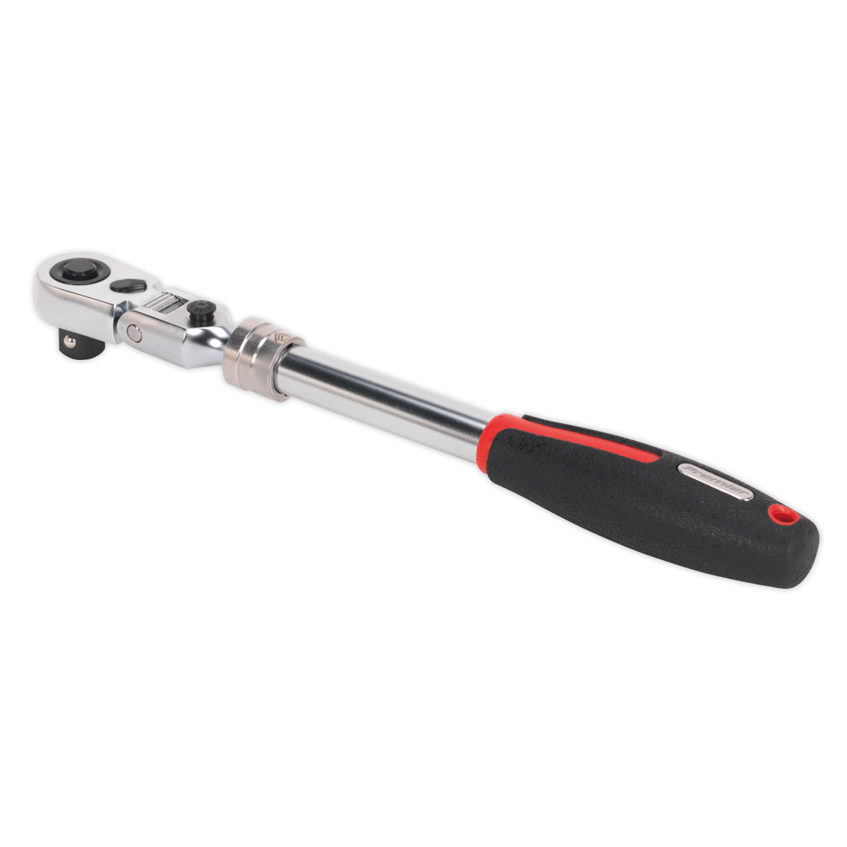 A Sealey Ratchet Wrench 1/2"Sq Drive Flexi-Head Extendable Platinum Series - AK8984, featuring a 72-tooth ratchet action with a black and red handle.