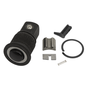 A disassembled Sealey Repair Kit for AK8989 1/2"Sq Drive - AK8989.RK, featuring a black ratchet head, a metal gear, a spring, a retaining ring, a black switch, and a metal component, all meticulously arranged on a white background.