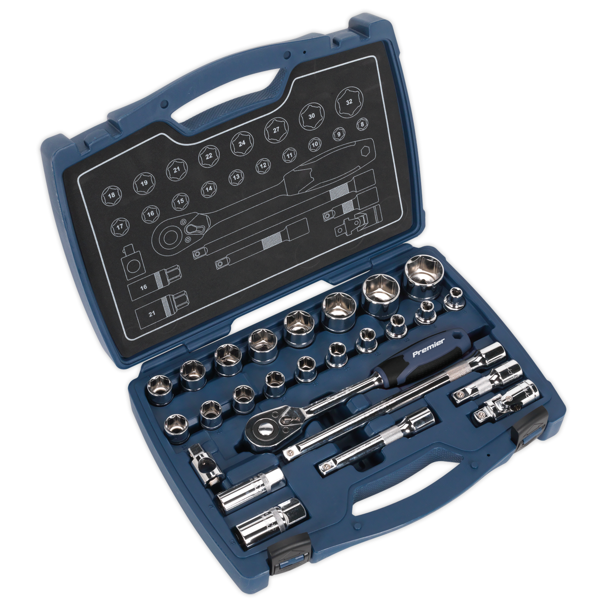 Open the blue plastic case displaying the Sealey Socket Set 26pc 1/2"Sq Drive 6pt WallDrive® Metric - AK8992, featuring chrome vanadium steel sockets and various extensions neatly arranged inside.