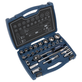 Open the blue plastic case displaying the Sealey Socket Set 26pc 1/2"Sq Drive 6pt WallDrive® Metric - AK8992, featuring chrome vanadium steel sockets and various extensions neatly arranged inside.
