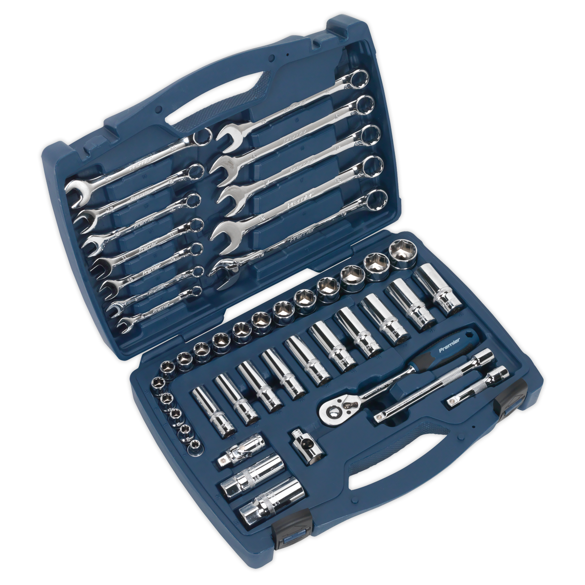 A Sealey Socket & Spanner Set 46pc 3/8"Sq Drive WallDrive® Metric - AK8996, housed in a blue case, includes an assortment of wrenches, sockets, and a ratchet handle made from durable chrome vanadium steel.