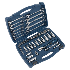 A Sealey Socket & Spanner Set 46pc 3/8"Sq Drive WallDrive® Metric - AK8996, housed in a blue case, includes an assortment of wrenches, sockets, and a ratchet handle made from durable chrome vanadium steel.