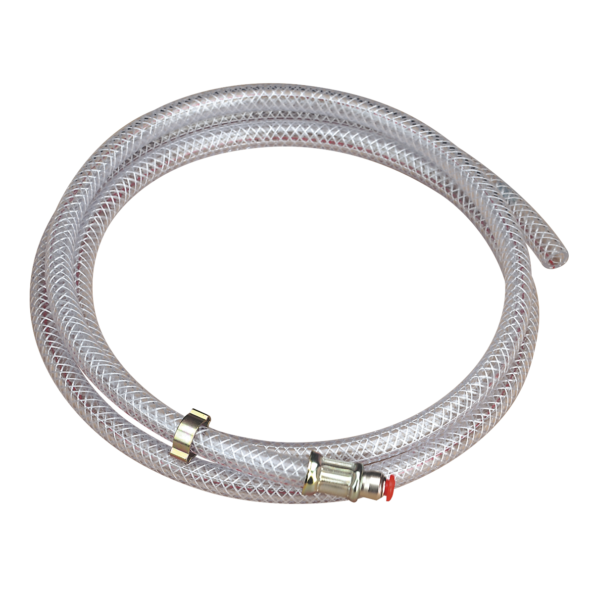 The Sealey MIG Gas Hose Adaptor 1.5m - AK9 is a coiled transparent braided hose with metal fittings at both ends, perfect for connecting small-bore hosing, and is displayed on a white background.