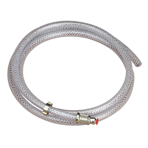 The Sealey MIG Gas Hose Adaptor 1.5m - AK9 is a coiled transparent braided hose with metal fittings at both ends, perfect for connecting small-bore hosing, and is displayed on a white background.