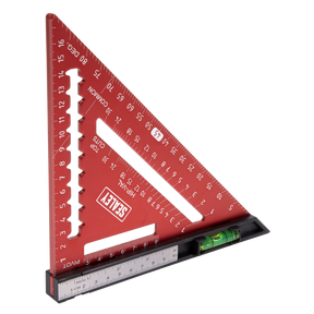 The Sealey Speed Square Metric - AK9008 is a durable metal triangle designed with double-sided measurements for both metric and imperial units, featuring an integral spirit level and additional markings for precise scribing and angle measurement.