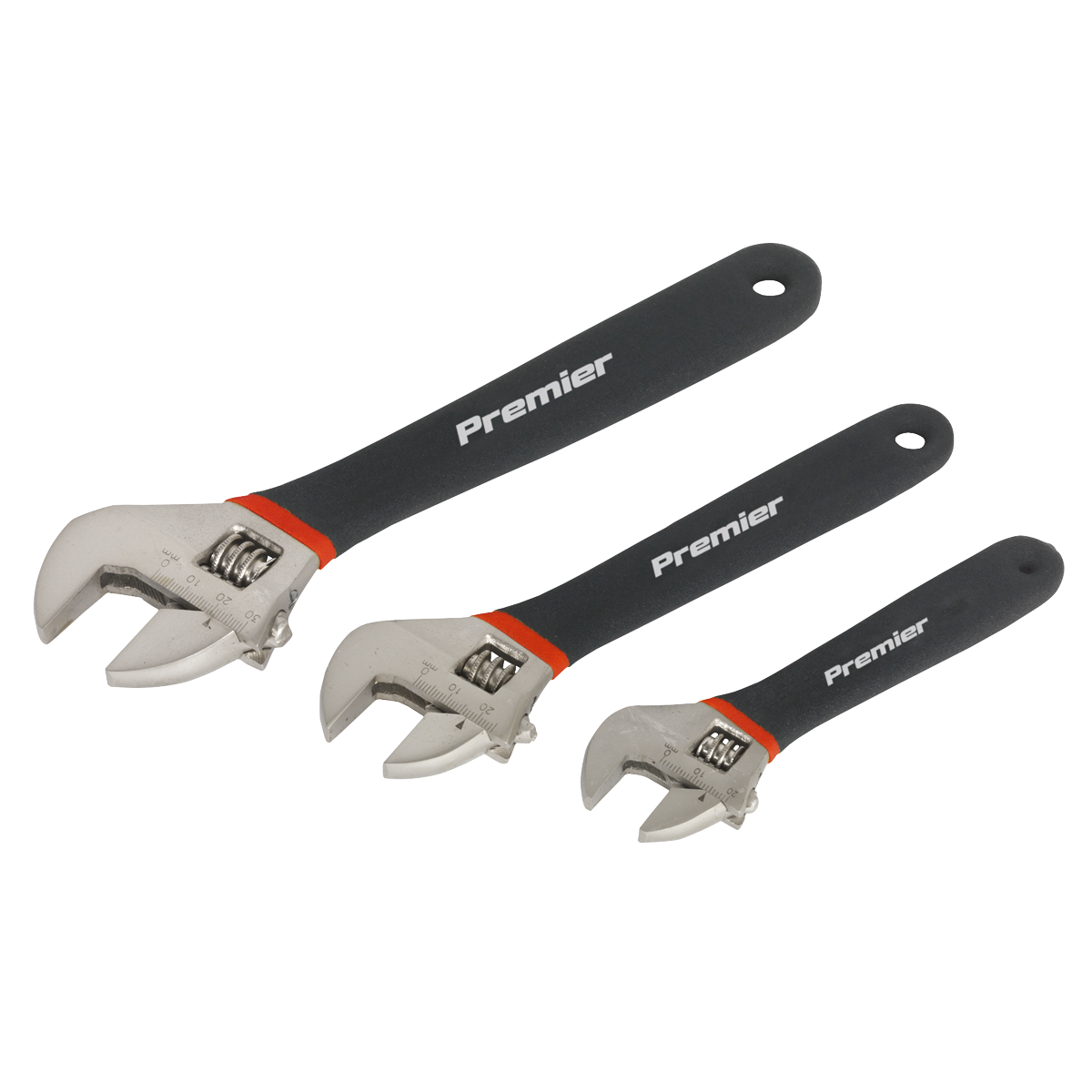 Three adjustable wrenches of varying sizes feature black handles and proudly display the brand name "Sealey." Crafted from Chrome Vanadium steel, they offer exceptional durability and corrosion resistance. This Adjustable Wrench Set 3pc Ni-Fe Finish - AK907 ensures outstanding performance and reliability.