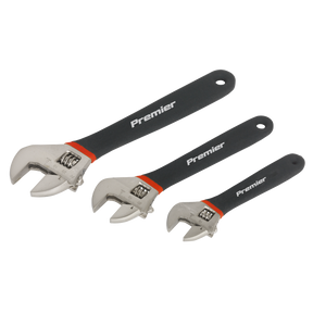 Three adjustable wrenches of varying sizes feature black handles and proudly display the brand name "Sealey." Crafted from Chrome Vanadium steel, they offer exceptional durability and corrosion resistance. This Adjustable Wrench Set 3pc Ni-Fe Finish - AK907 ensures outstanding performance and reliability.