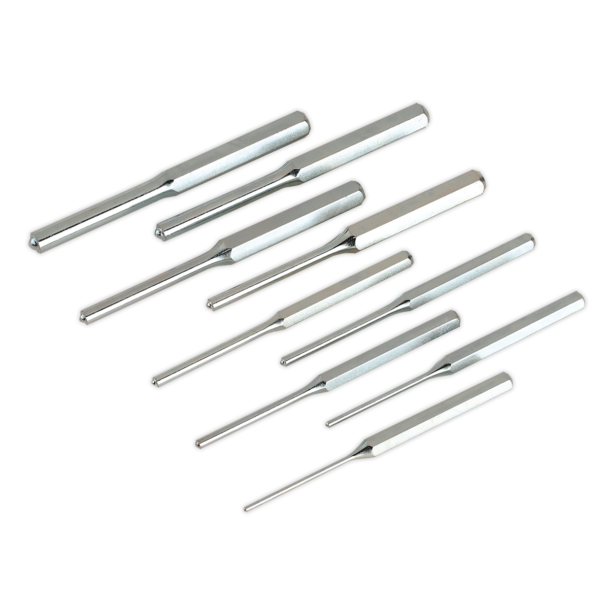 A set of Sealey Roll Pin Punches made from Chrome Vanadium steel, ranging from 3mm to 12mm, arranged in a row, ideal for professional use. Product: Roll Pin Punch Set 9pc - AK9109M.