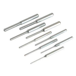 A set of Sealey Roll Pin Punches made from Chrome Vanadium steel, ranging from 3mm to 12mm, arranged in a row, ideal for professional use. Product: Roll Pin Punch Set 9pc - AK9109M.