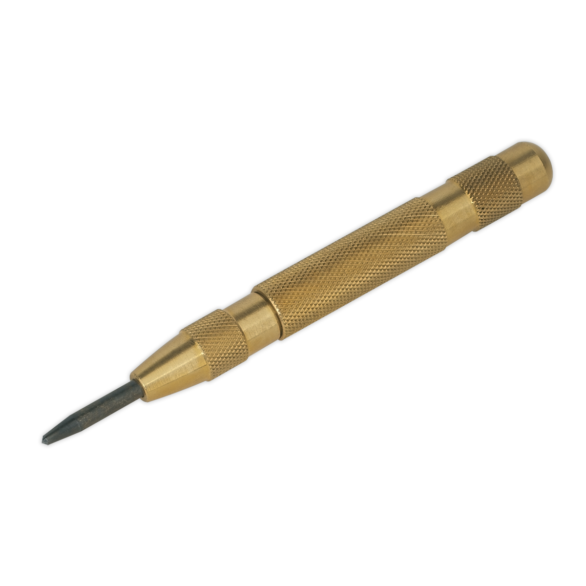 The Sealey Automatic Centre Punch - AK9121 is a gold-colored tool featuring a knurled brass barrel, spring-loaded mechanism, and an alloy steel point for precise marking.