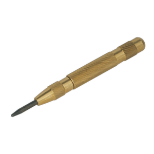 The Sealey Automatic Centre Punch - AK9121 is a gold-colored tool featuring a knurled brass barrel, spring-loaded mechanism, and an alloy steel point for precise marking.