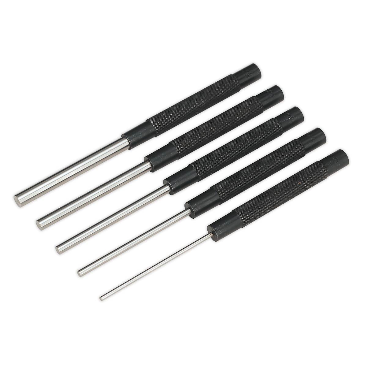 Five pieces from the Sealey Parallel Pin Punch Set (model AK9124), crafted from durable Chrome Vanadium steel and featuring corrosion-resistant black knurled handles, are laid out in a fanned arrangement.