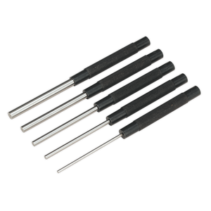 Five pieces from the Sealey Parallel Pin Punch Set (model AK9124), crafted from durable Chrome Vanadium steel and featuring corrosion-resistant black knurled handles, are laid out in a fanned arrangement.