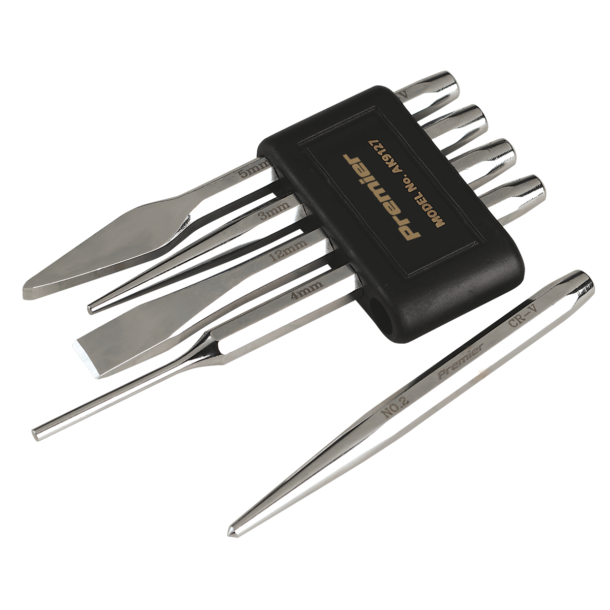 A set of five woodworking chisels, branded "Sealey," is made from Chrome Vanadium steel and comes with a black holder featuring the model number "AK9127" and the branding "Premier Hand Tools." The chisels vary in size and shape.