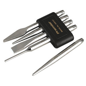 A set of five woodworking chisels, branded "Sealey," is made from Chrome Vanadium steel and comes with a black holder featuring the model number "AK9127" and the branding "Premier Hand Tools." The chisels vary in size and shape.