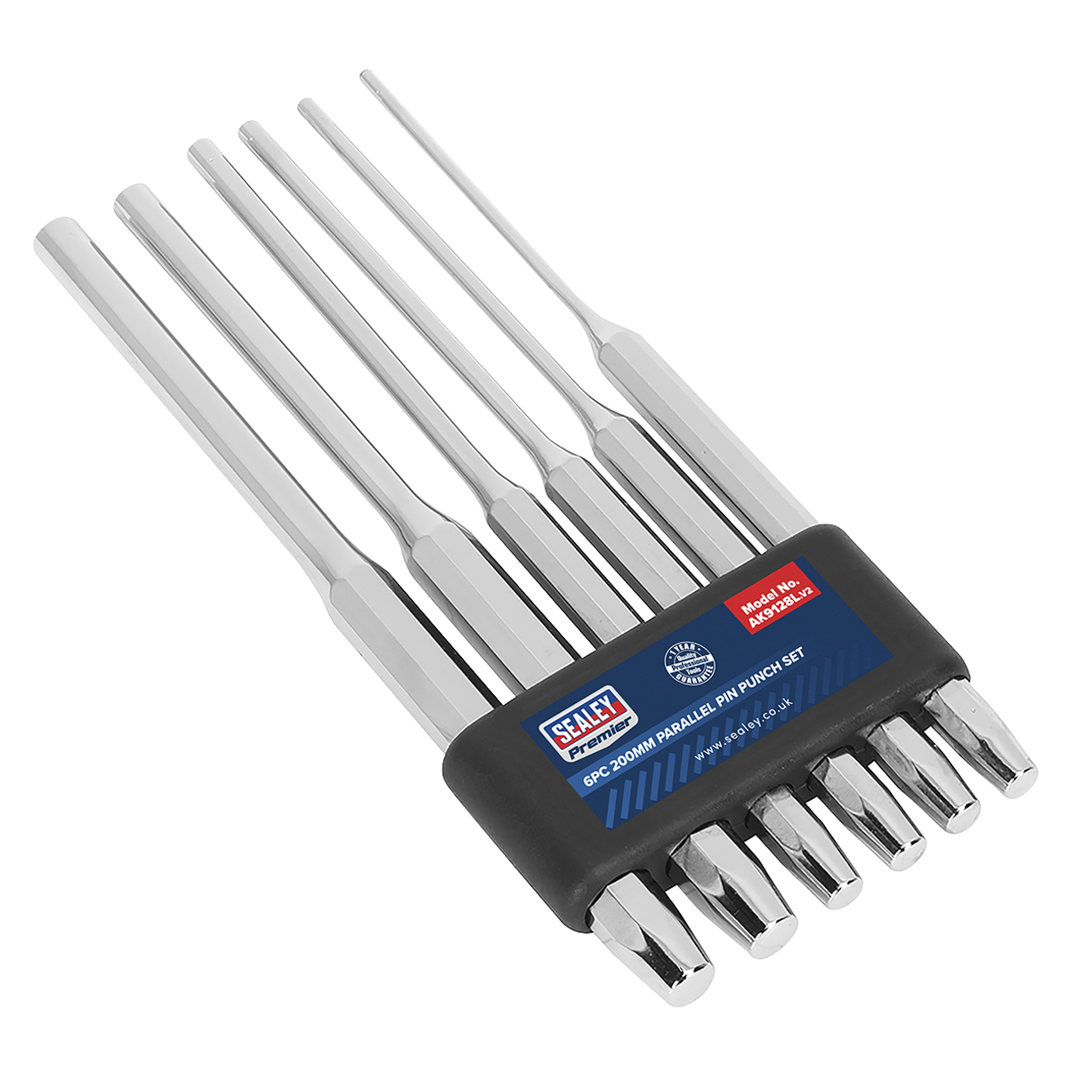 The Sealey Parallel Pin Punch Set, model AK9128L, includes six 200mm pin punches made from Chrome Vanadium steel with silver shafts and comes in a black holder. Designed for professional use, these Premier Hand Tools offer durability and reliability.